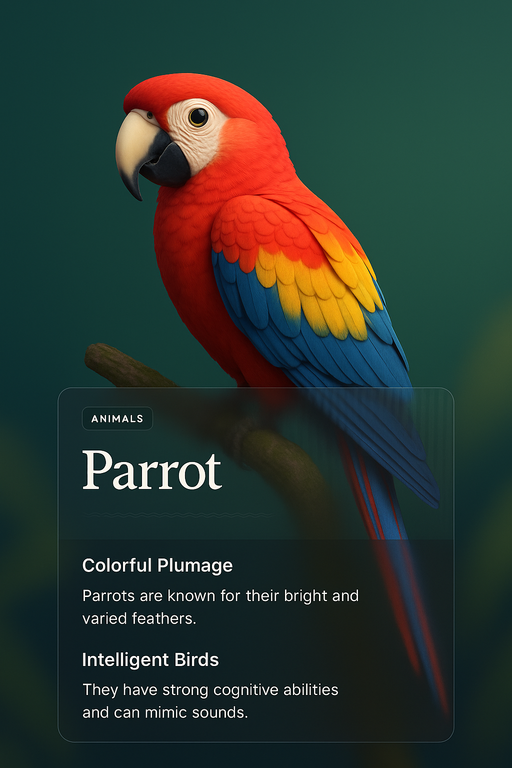 Vibrant 3D Parrot Illustration with Informative Overlay