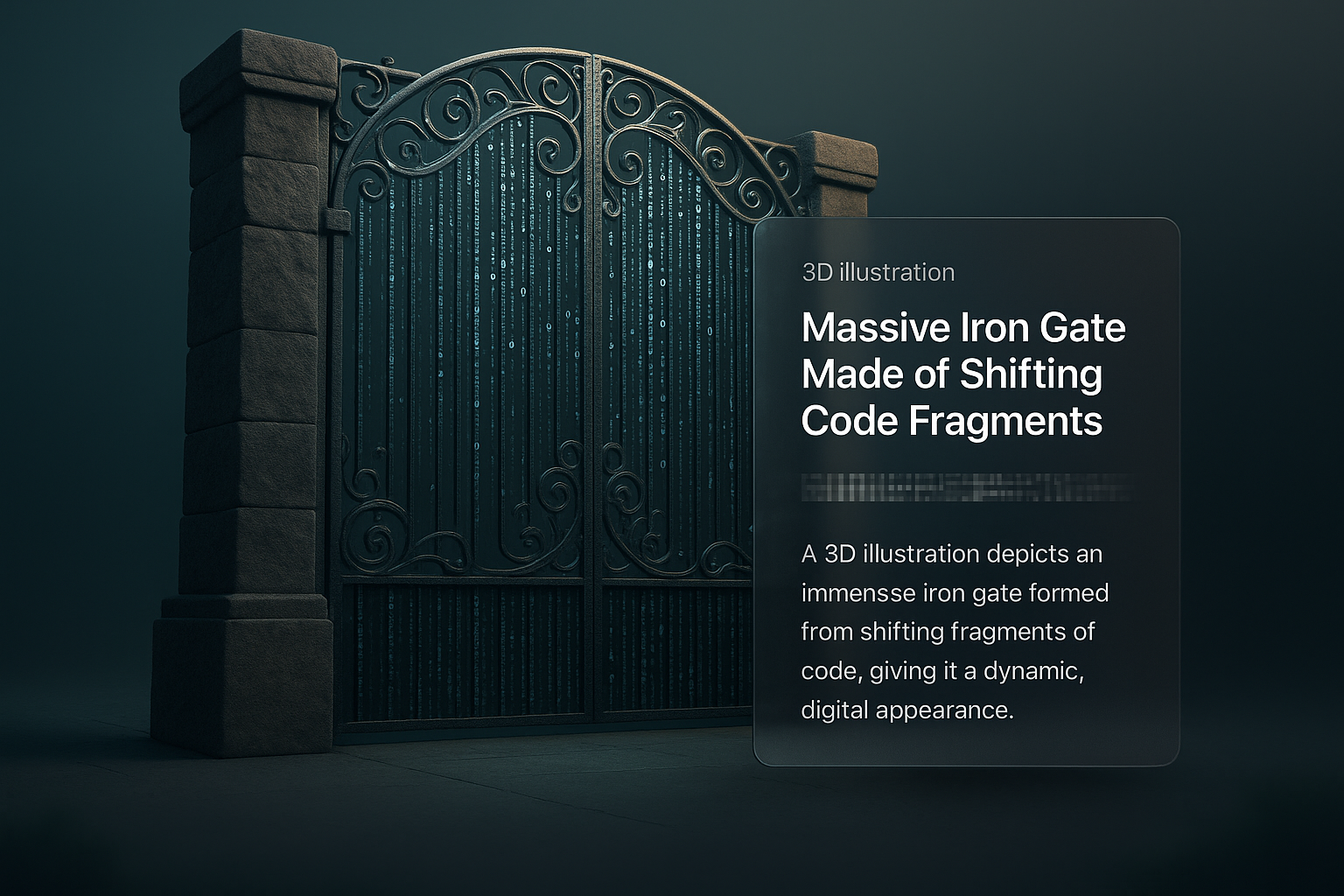 3D Illustration of a Massive Iron Gate with Code Fragments