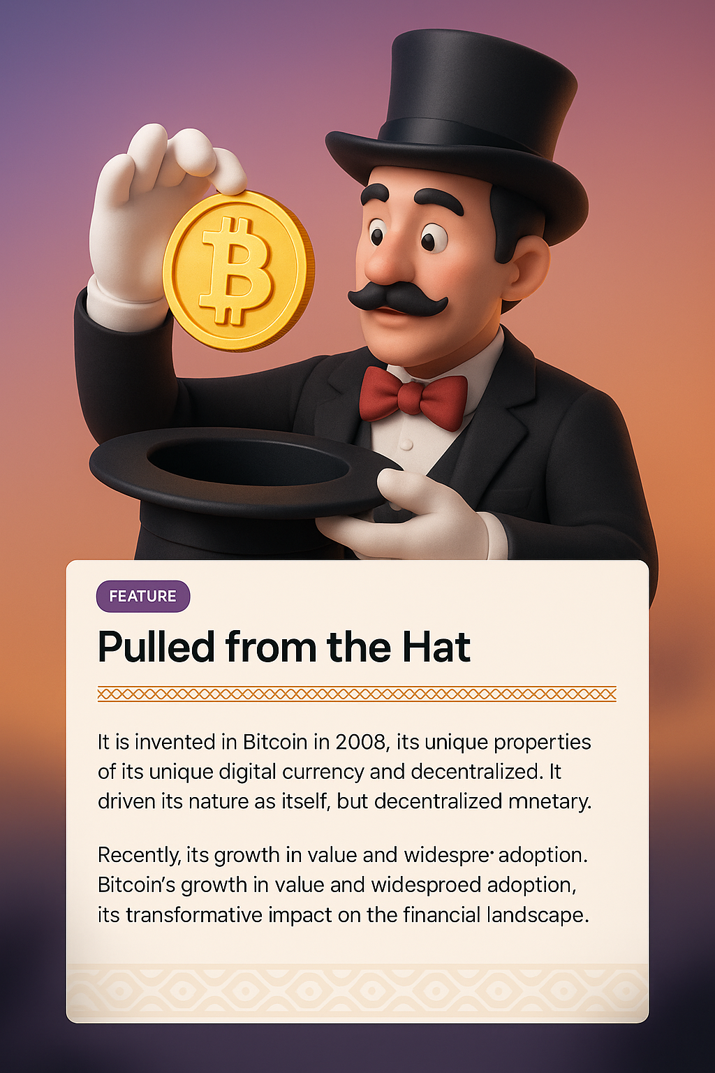 Magician Pulling Bitcoin from a Hat in 3D Illustration