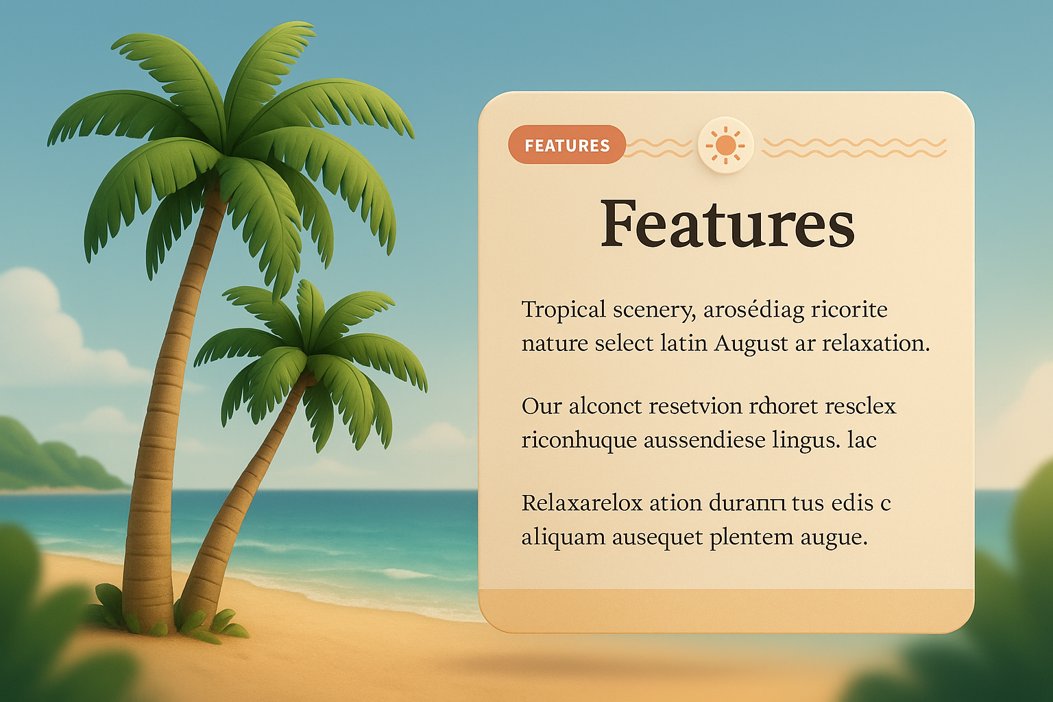 Tropical Beach Scene with Palm Trees and Feature Block