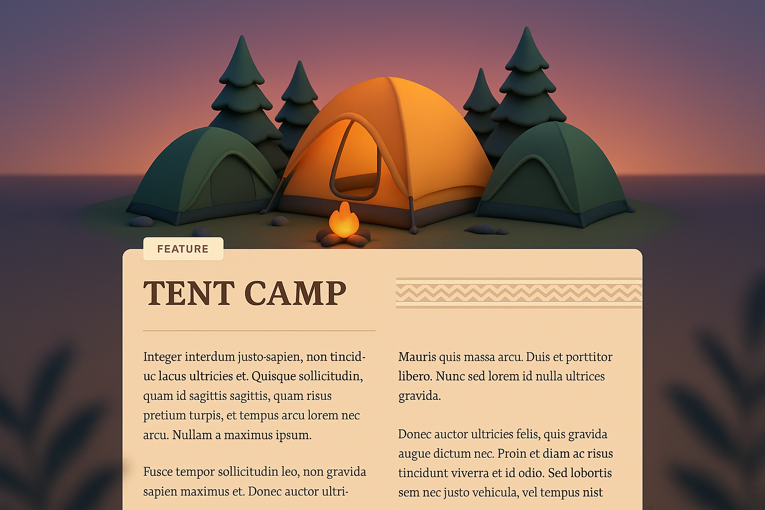3D Illustration of a Cozy Tent Camp at Sunset