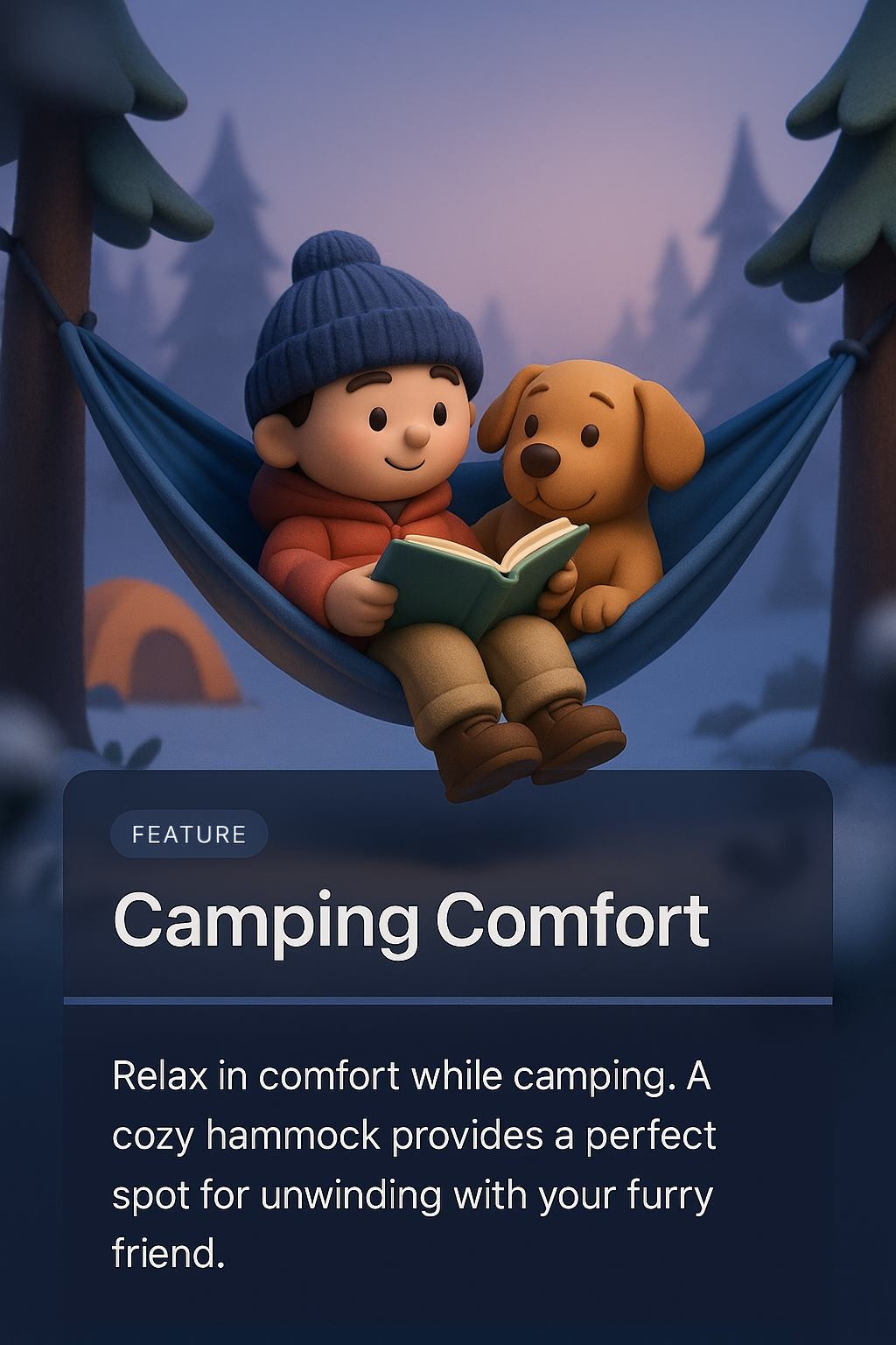 Child with Dog Relaxing in Hammock While Camping in Winter