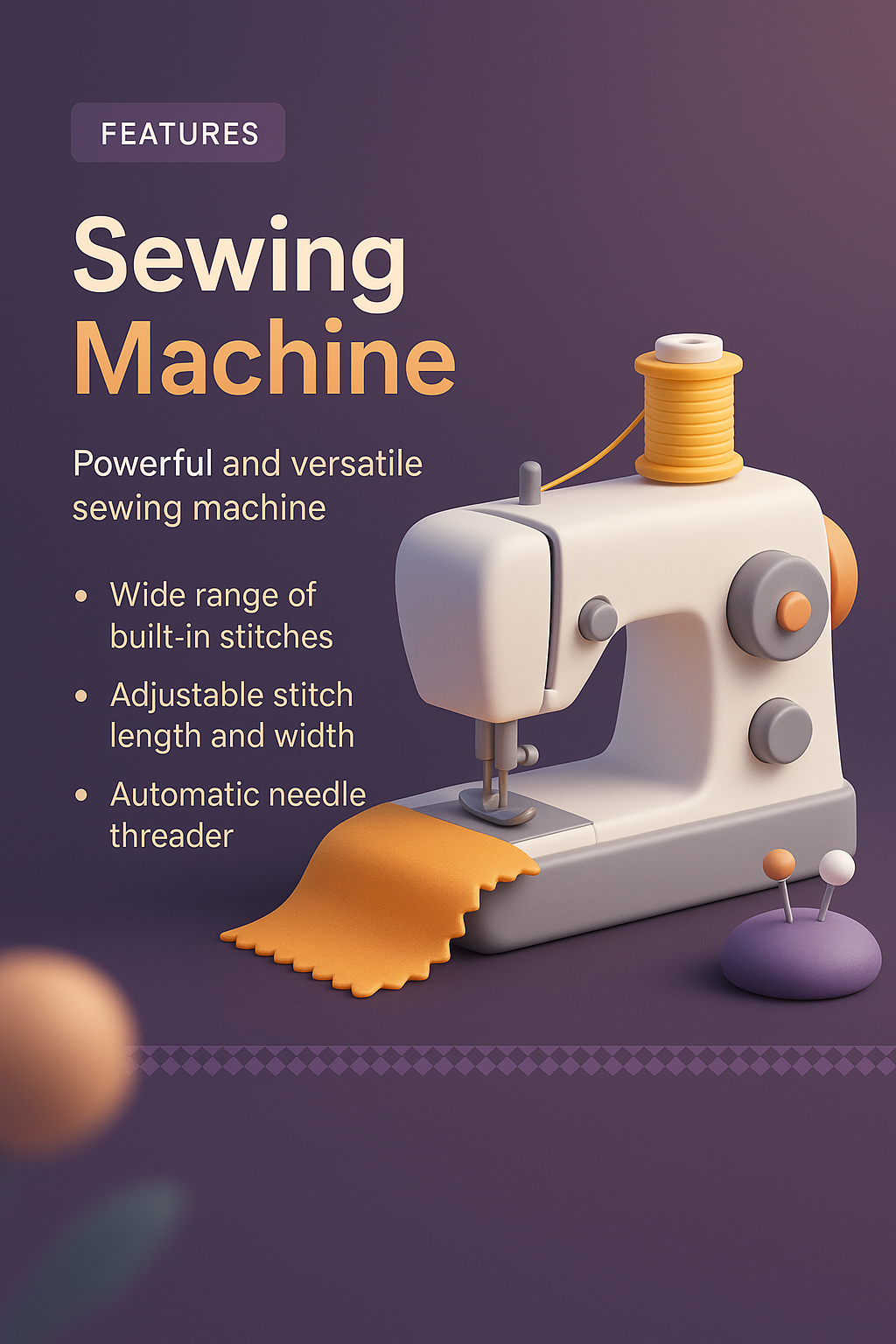 Stylish 3D Sewing Machine Design with Features Overview