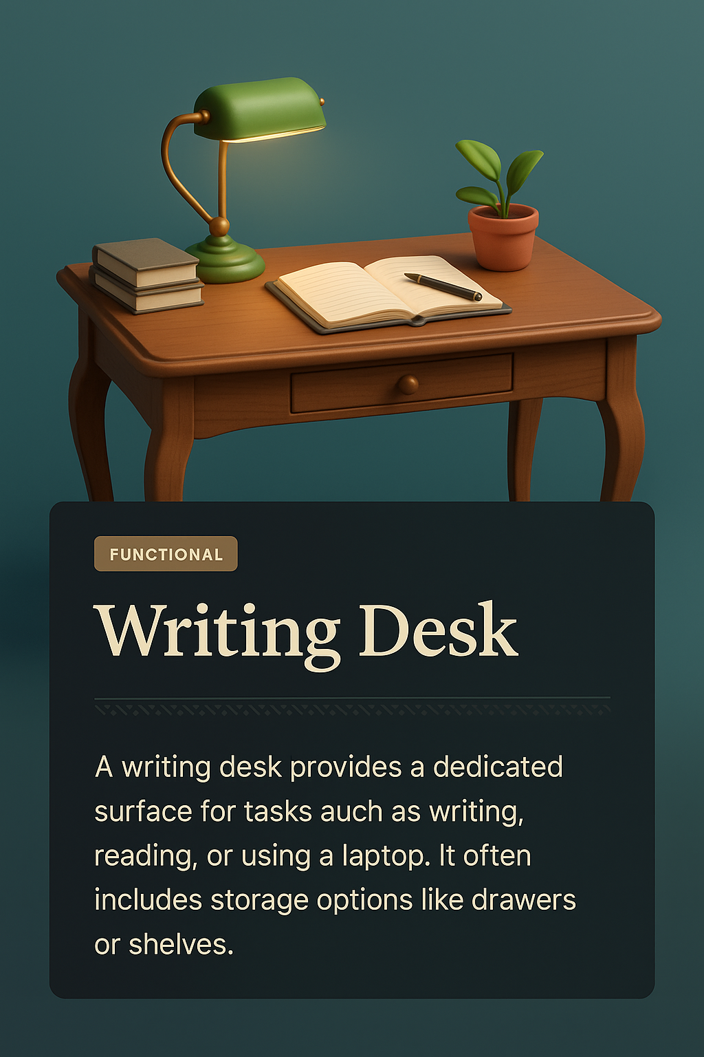 Stylish Writing Desk in 3D Illustration with Integrated Design Elements