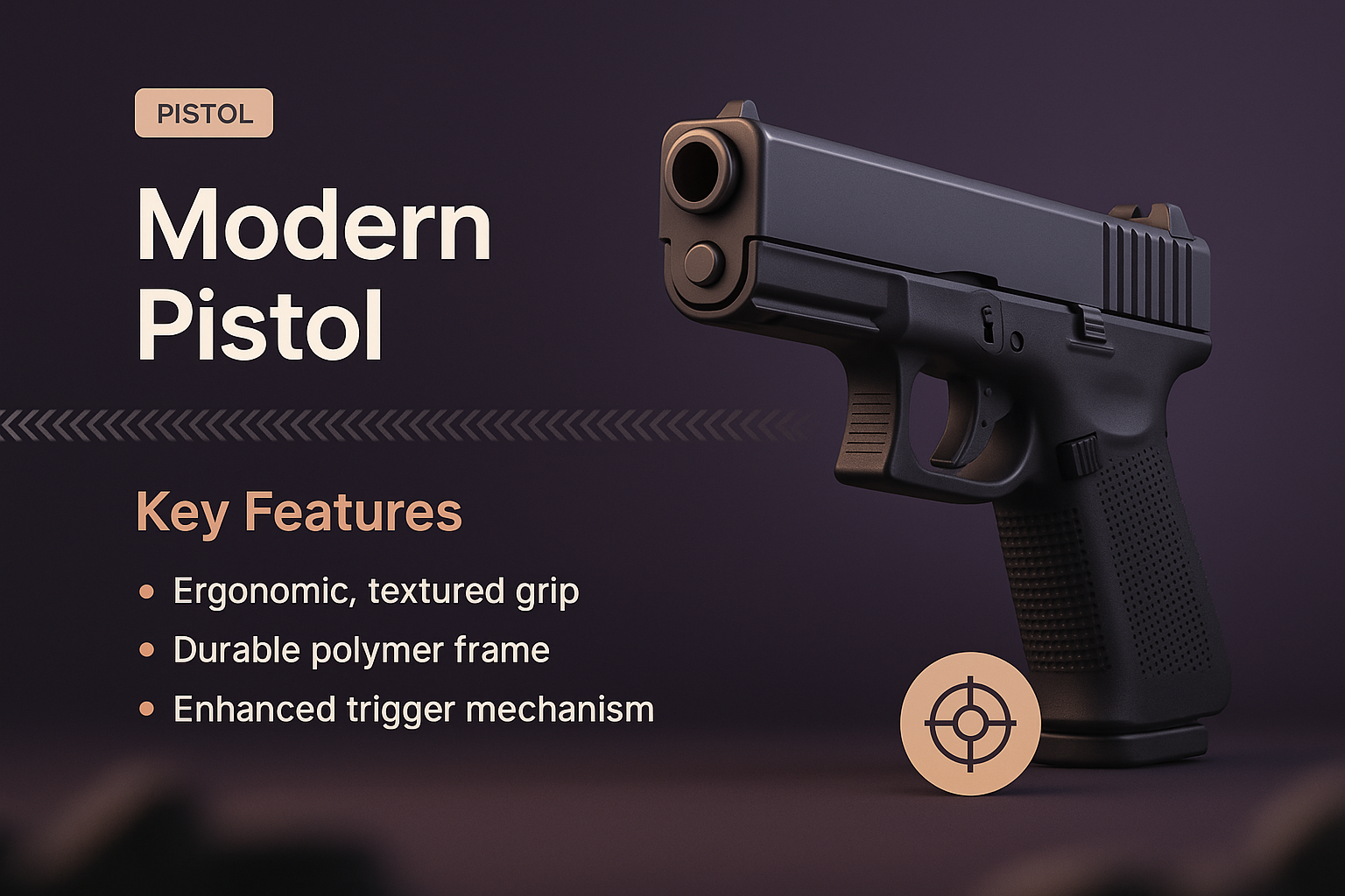 3D Illustration of a Modern Pistol with Key Features