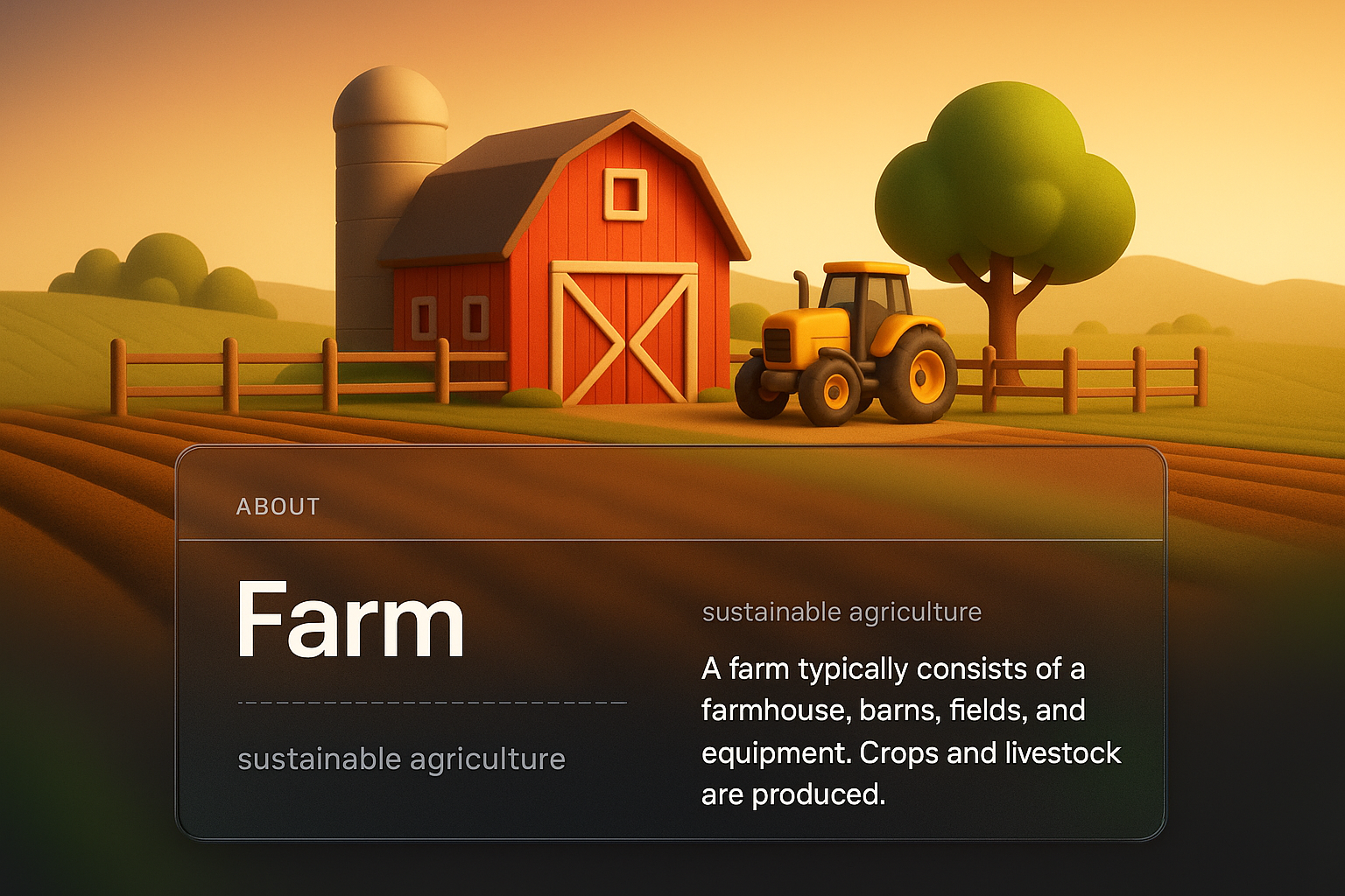 3D Illustration of a Farm with Tractor and Barn