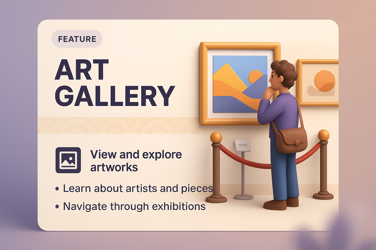 3D Art Gallery Illustration Featuring Visitor Interaction