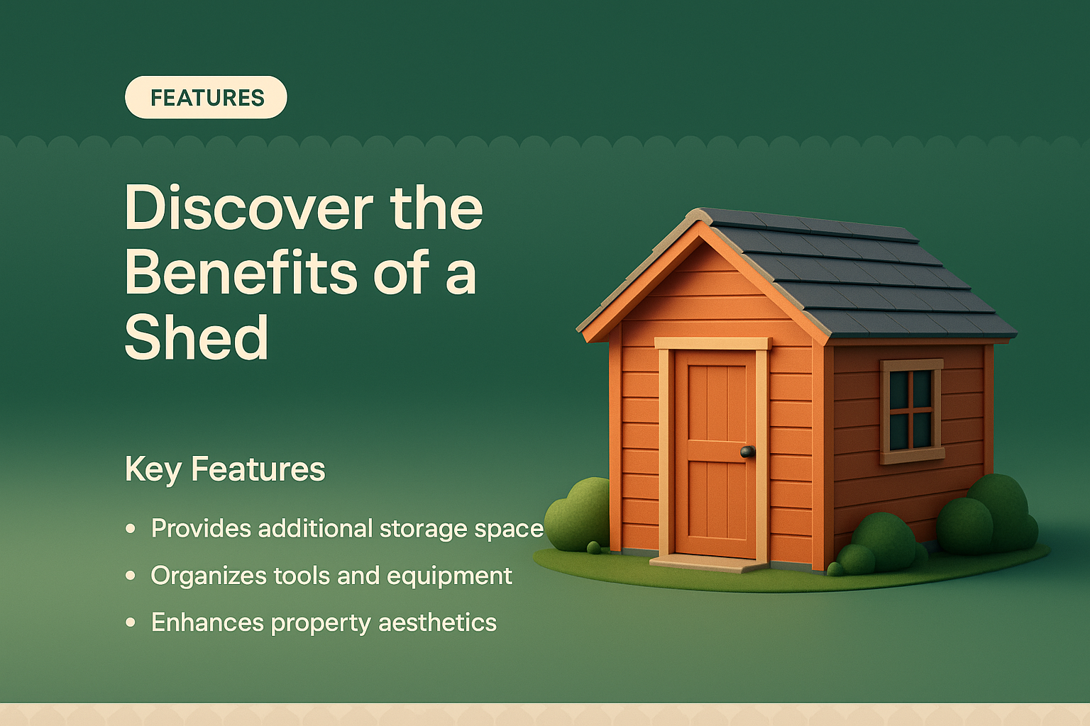 3D Illustrated Shed Landing Page Design with Key Features
