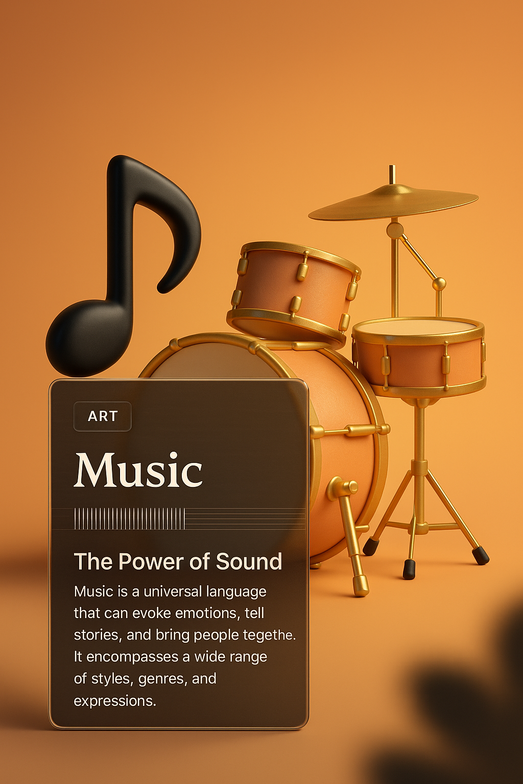 3D Music Illustration with Drums and Notes