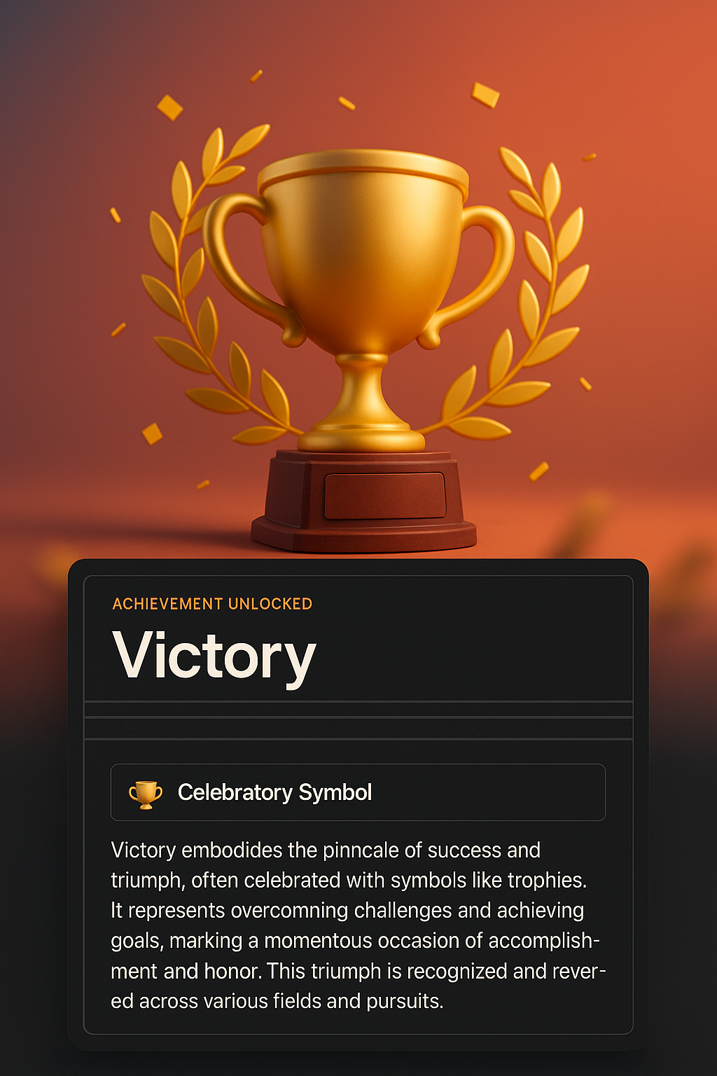 3D Illustration of Victory with Trophy and Celebratory Message
