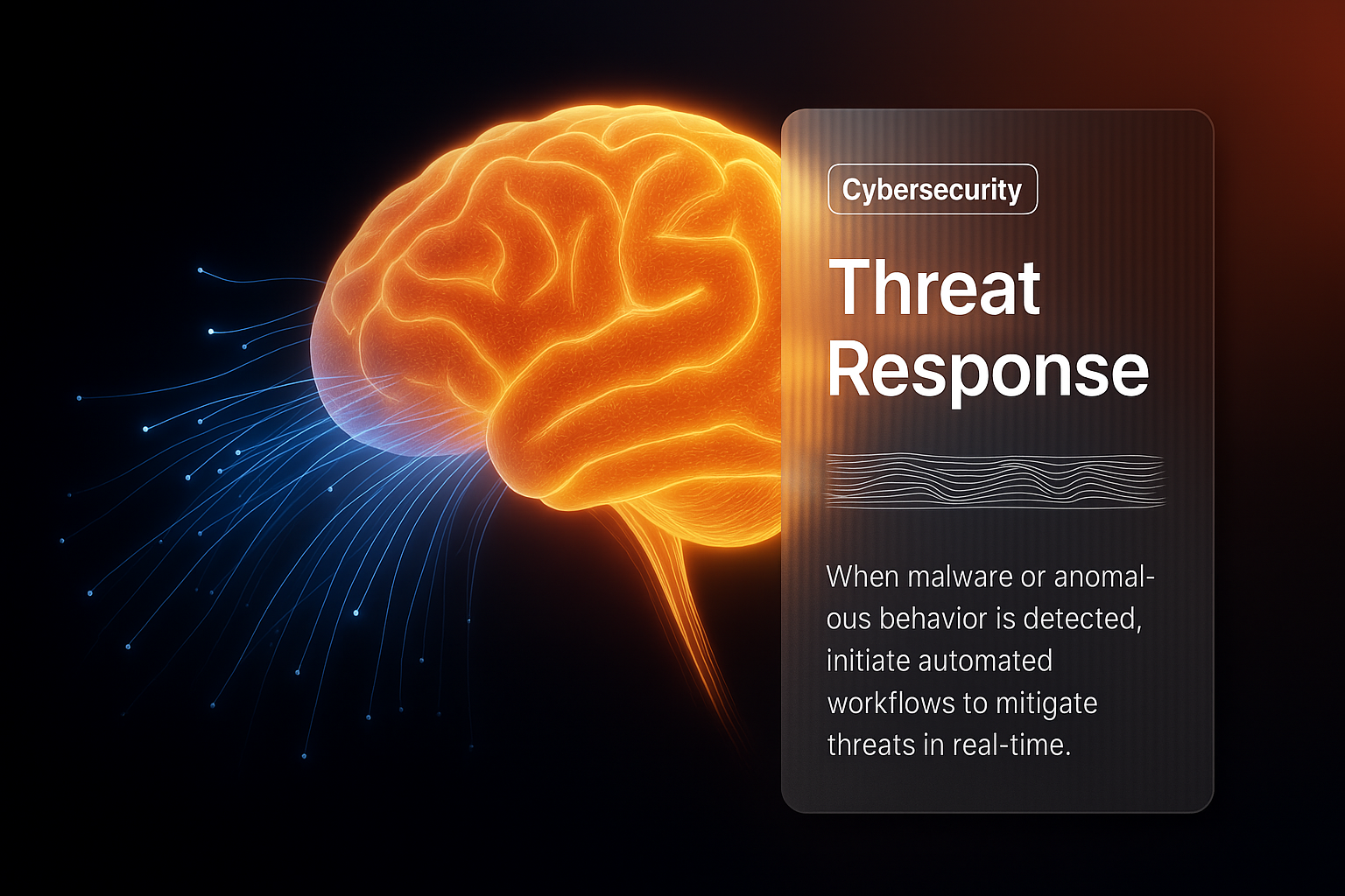 3D Brain Illustration with Data Lines and Cybersecurity Theme