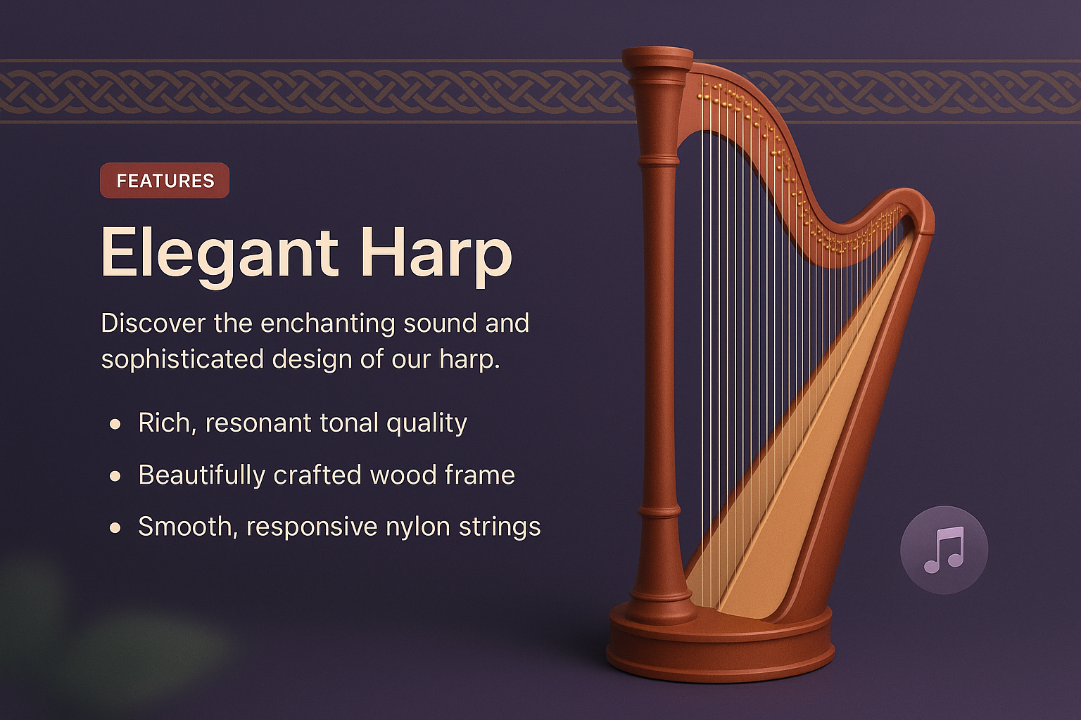 Elegant 3D Harp Illustration with Features Overview