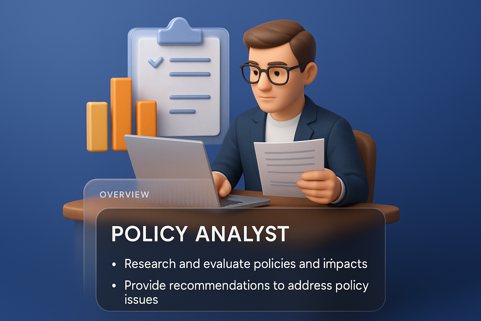 3D Illustration of a Policy Analyst in a Modern Workspace