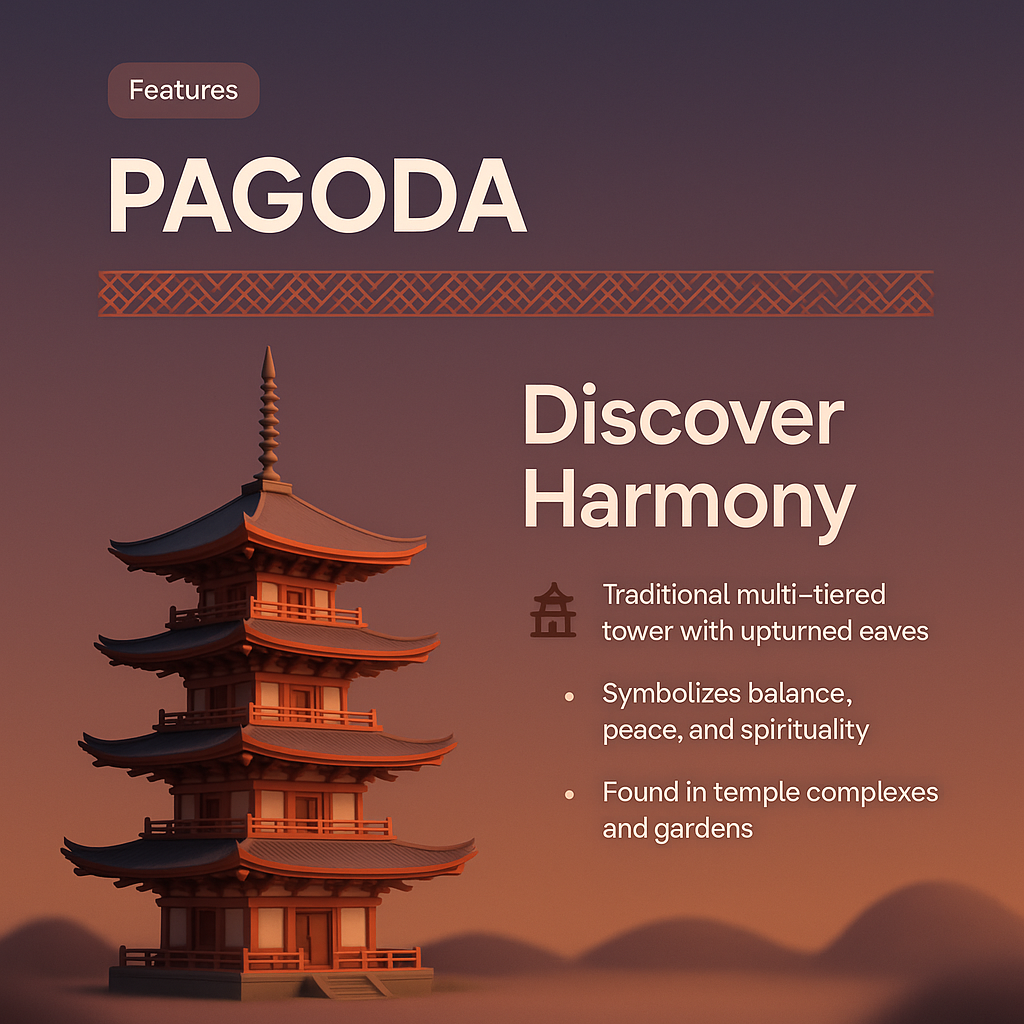 Elegant 3D Pagoda Illustration with Features Highlight