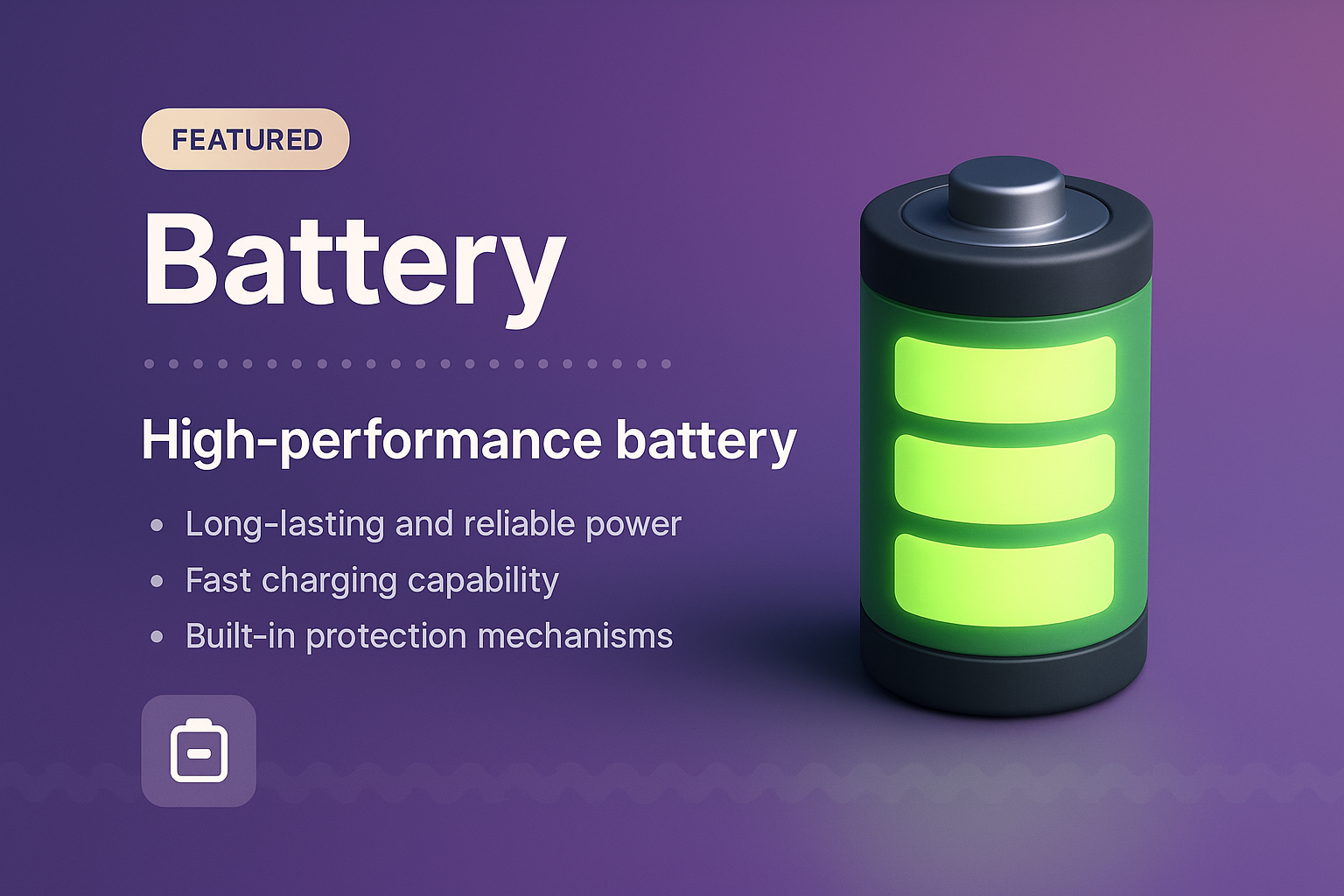 High-Performance Battery with Key Features and 3D Illustration