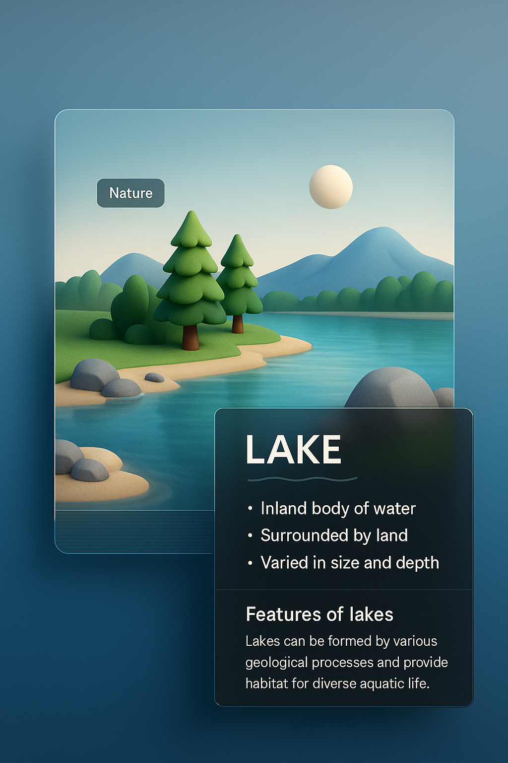 3D Lake Illustration with Nature Elements and Informative Blocks