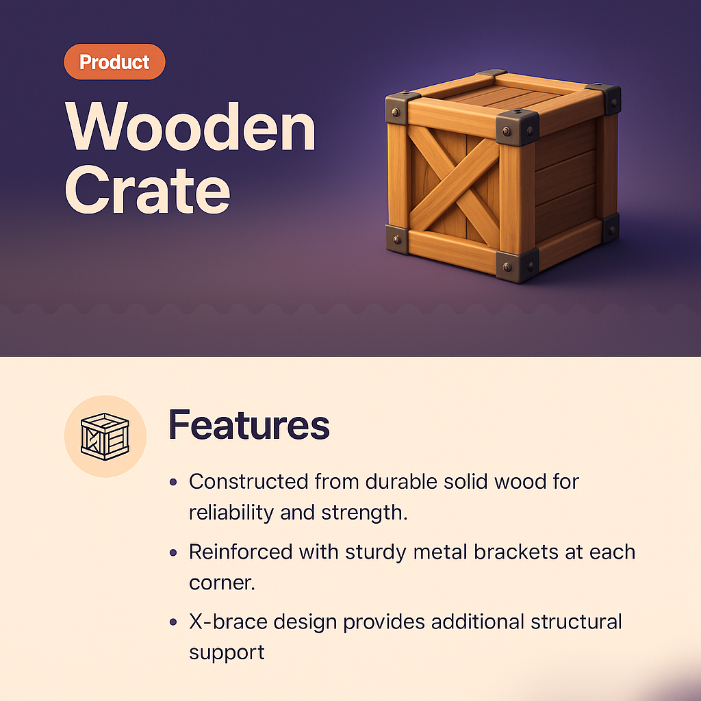 3D Illustration of a Wooden Crate with Feature Highlights