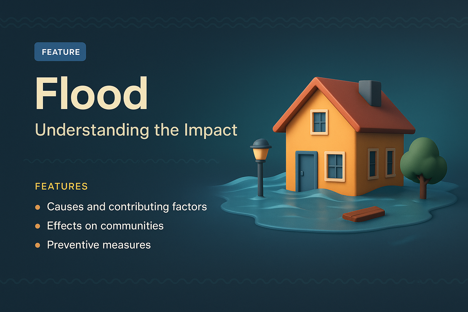 3D Illustration of Flood Impact with Key Features Listed
