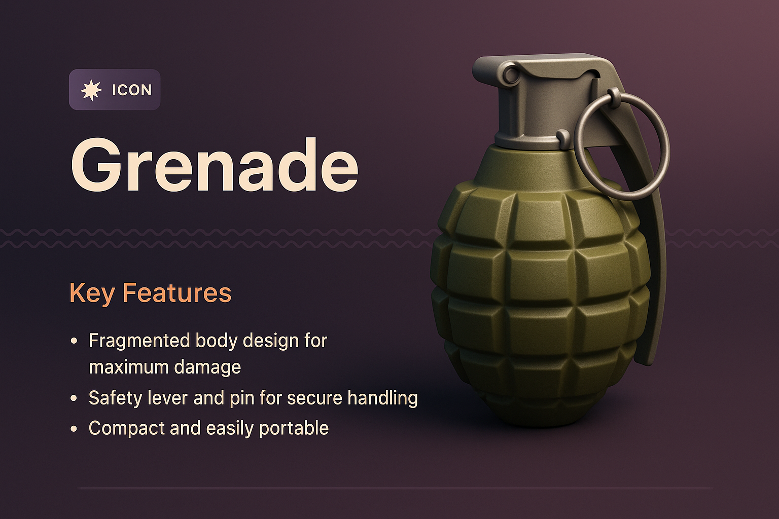 3D Illustration of a Grenade with Key Features