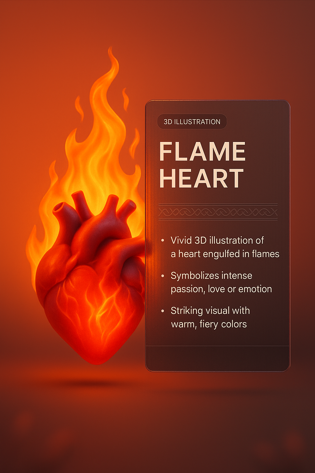 Vivid 3D Illustration of a Flame Heart Symbolizing Passion