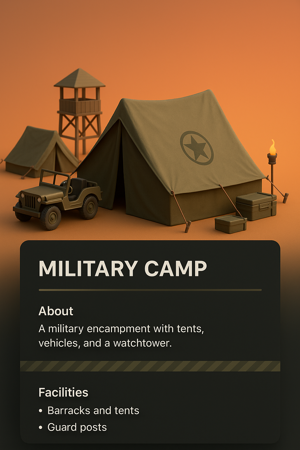 3D Military Camp Illustration with Tents and Vehicles