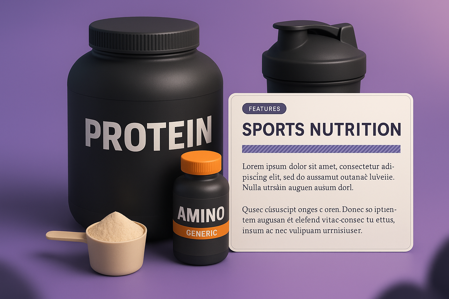 3D Illustration of Sports Nutrition Products with Features Display