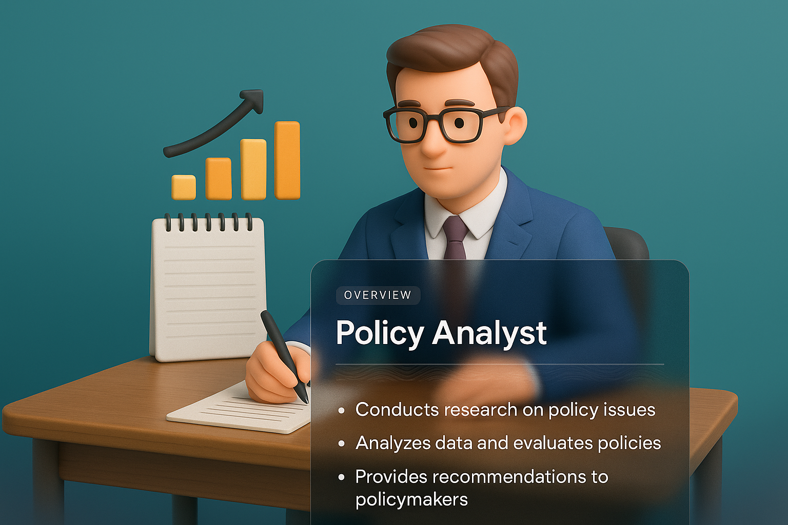 3D Illustration of a Policy Analyst at Work with Data Visualization