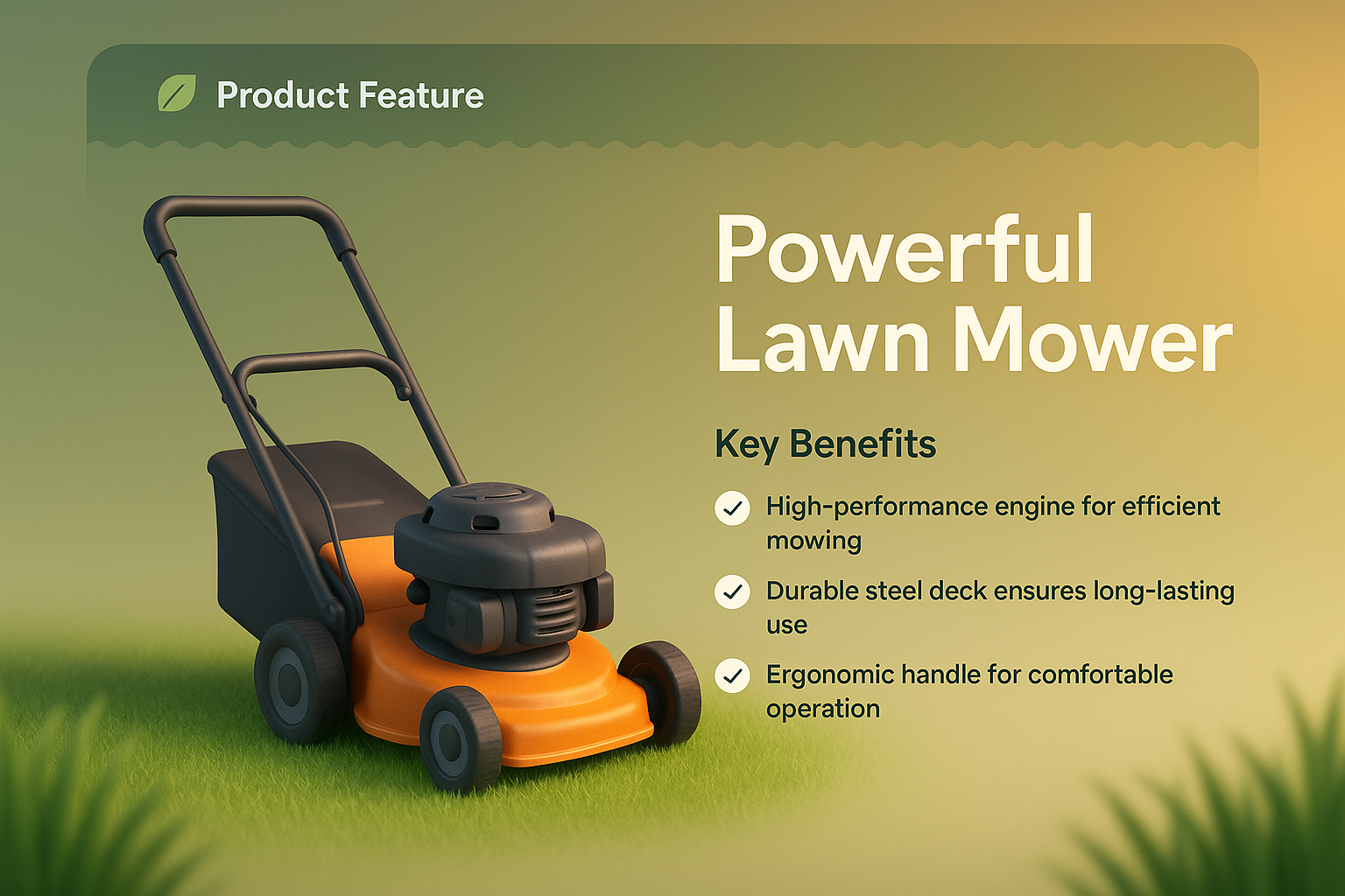 Stylish Lawn Mower with Key Features Highlighted