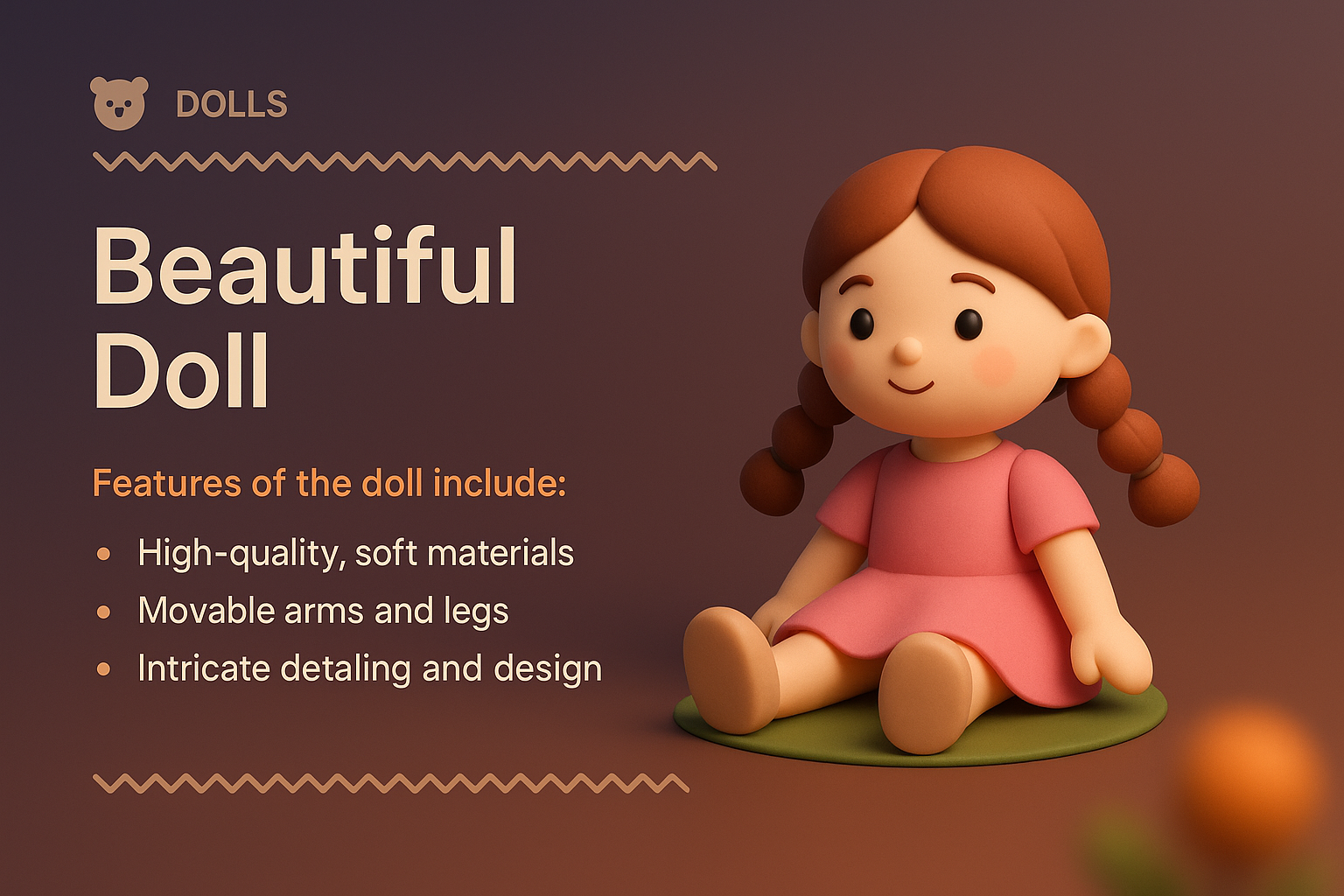 3D Illustration of a Beautiful Doll with Features Listed