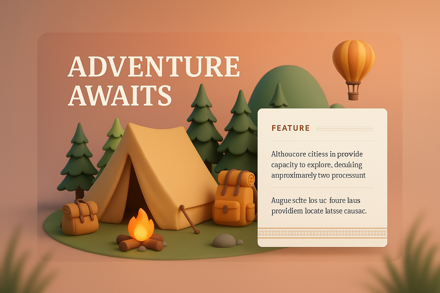 3D Illustration of Adventure Awaits with Camping Scene