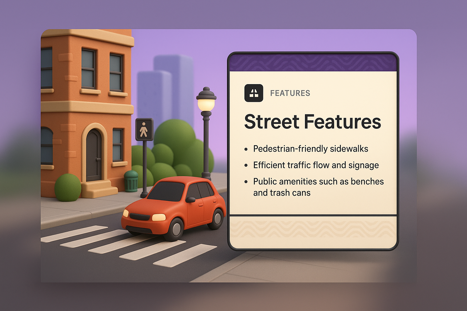 3D Illustration of Urban Street Design with Features Overview