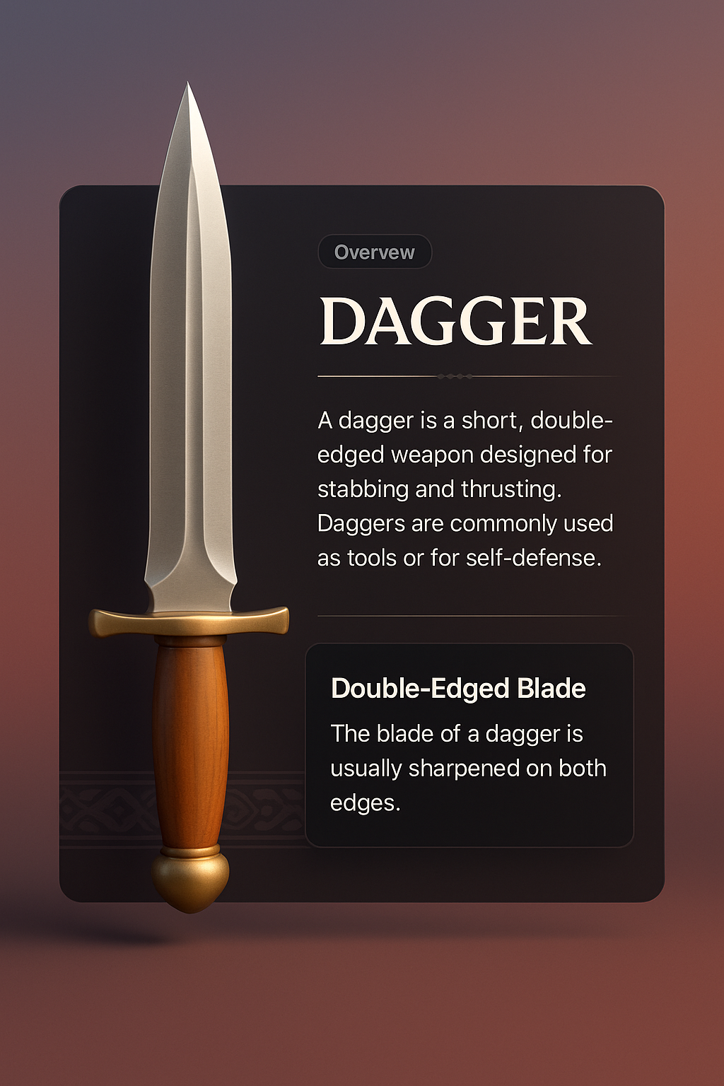 Dark 3D Dagger Illustration with Informative Block