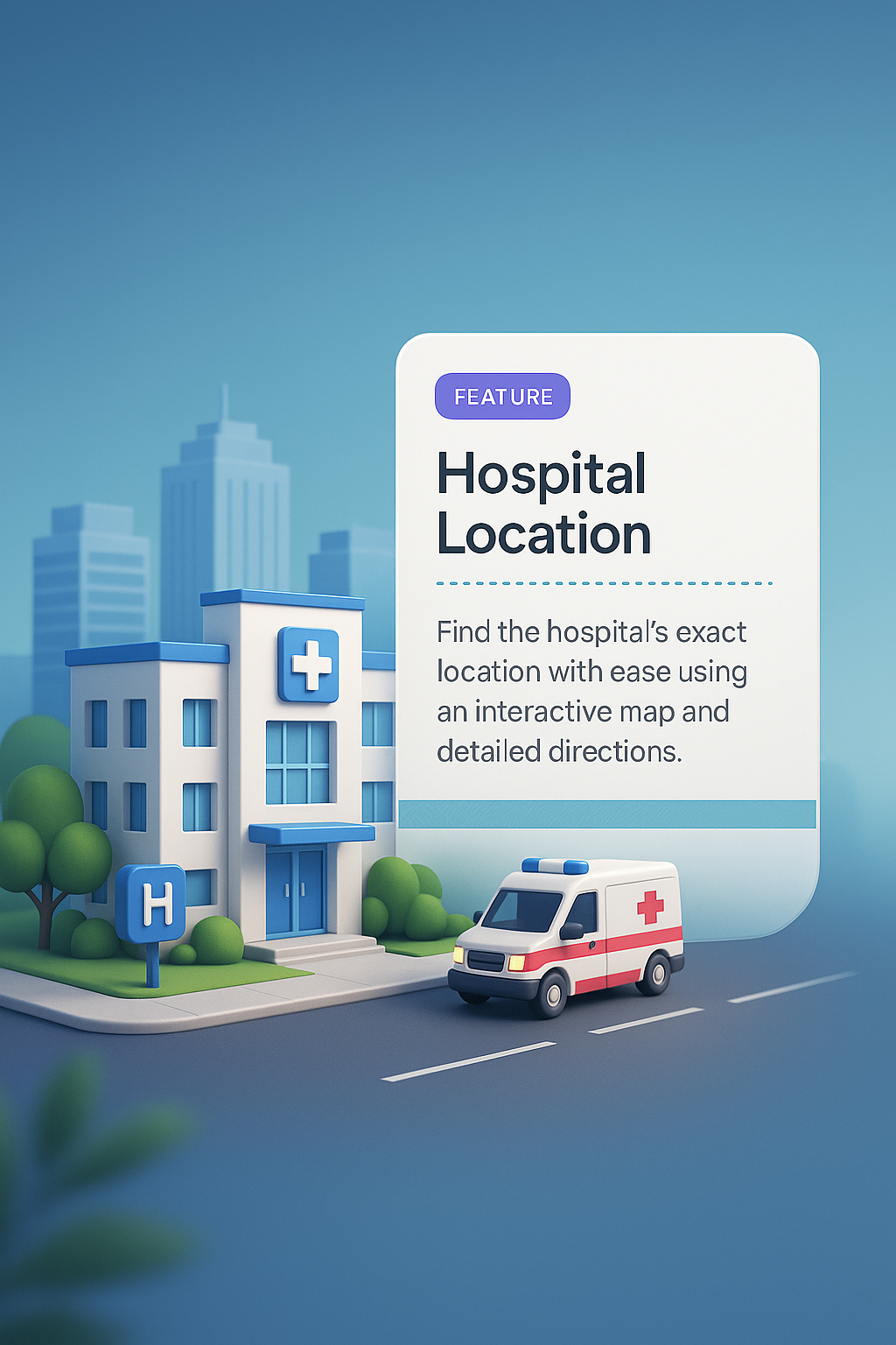 3D Hospital Location Illustration with Interactive Map Feature