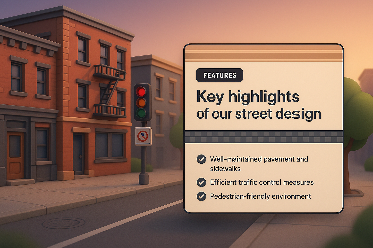 3D Street Design Illustration with Feature Highlights