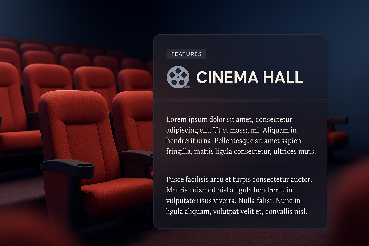 3D Cinema Hall with Features Description Block