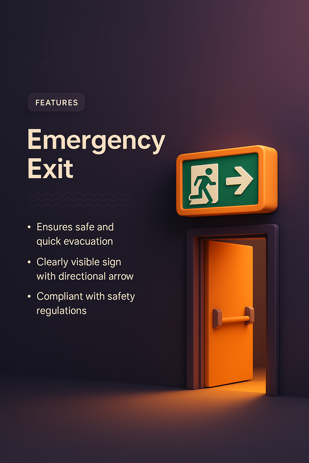 3D Illustration of Emergency Exit Features with Clear Signage