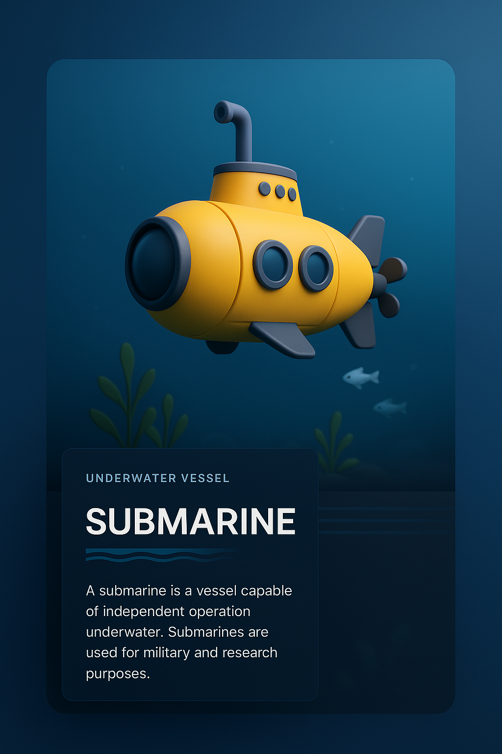 Stylized 3D Submarine Illustration with Informative Overlay