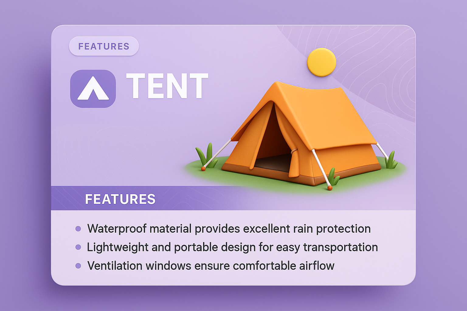 Stylish 3D Tent Illustration with Feature Highlights