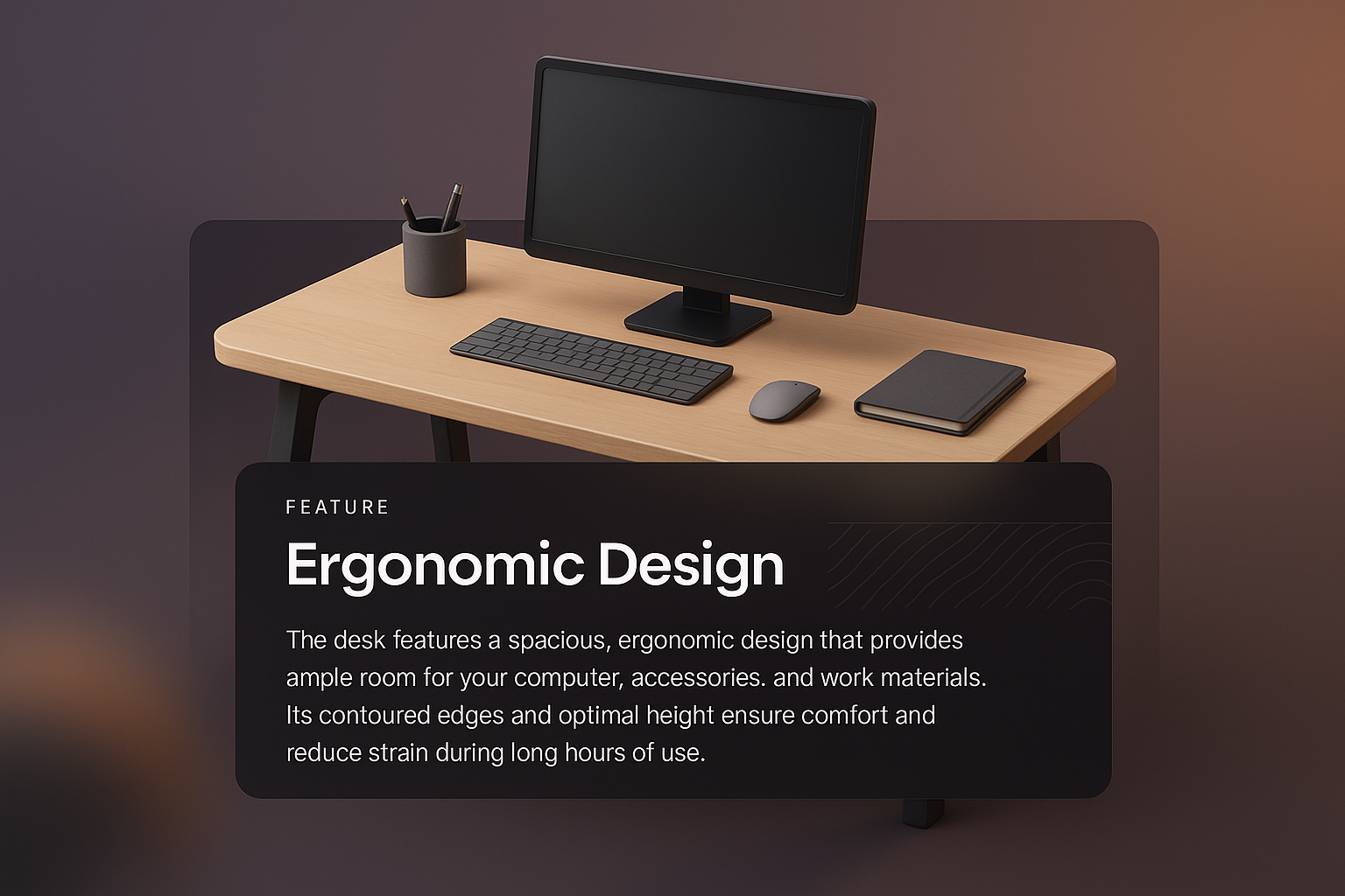 3D Illustration of Ergonomic Desk Design with Features