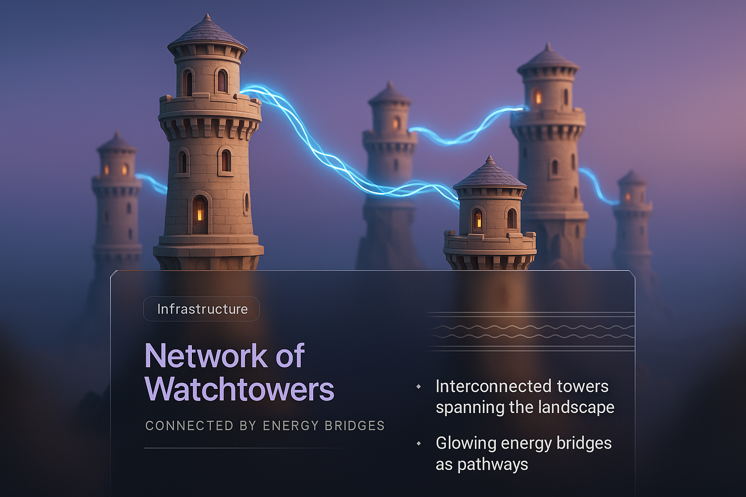 3D Illustration of Watchtowers Connected by Energy Bridges