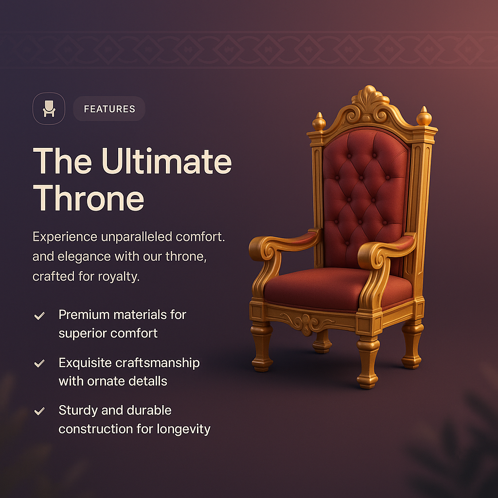 Elegant 3D Illustration of a Royal Throne with Features Description