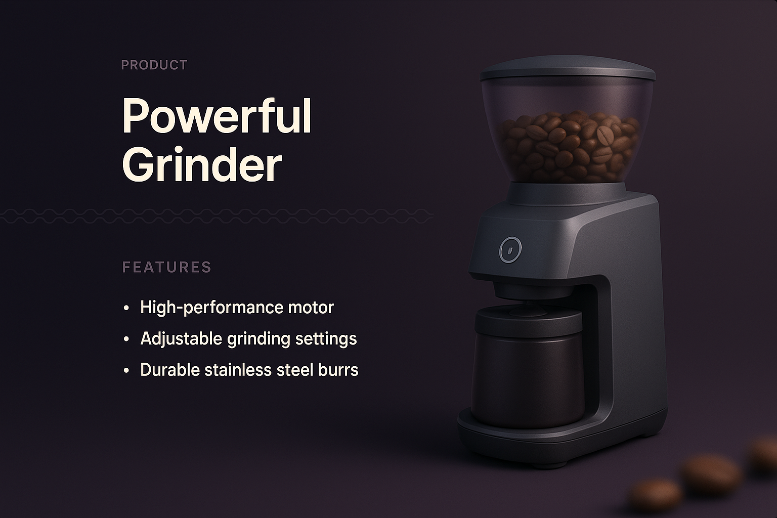 Landing Page Design for a Powerful Grinder with Features Highlighted