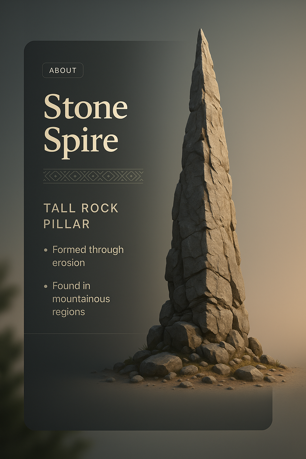 3D Illustration of a Stone Spire with Informative Overlay