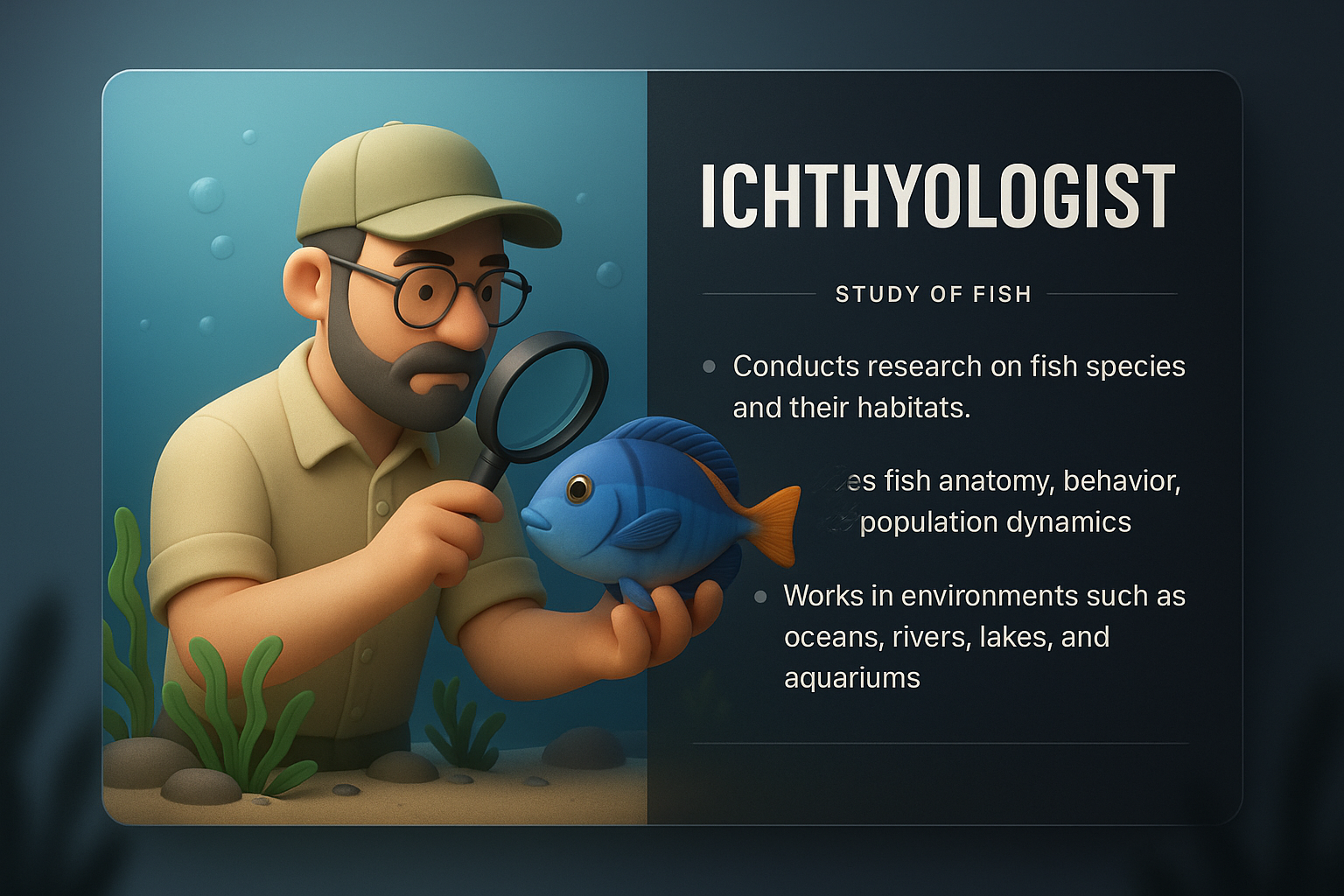 3D Illustration of Ichthyologist Researching Fish Species