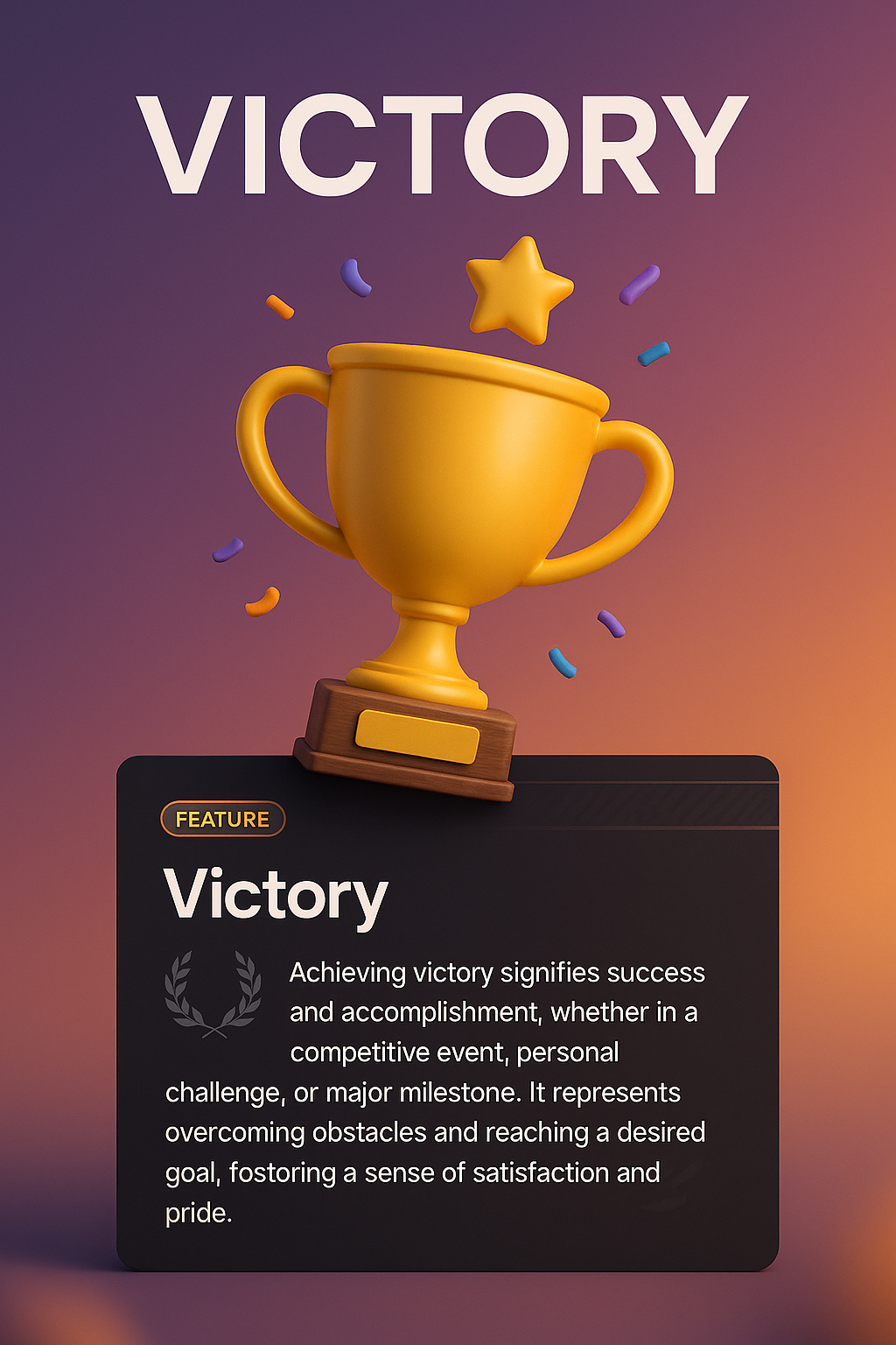 3D Illustration of Victory with Trophy and Features Description