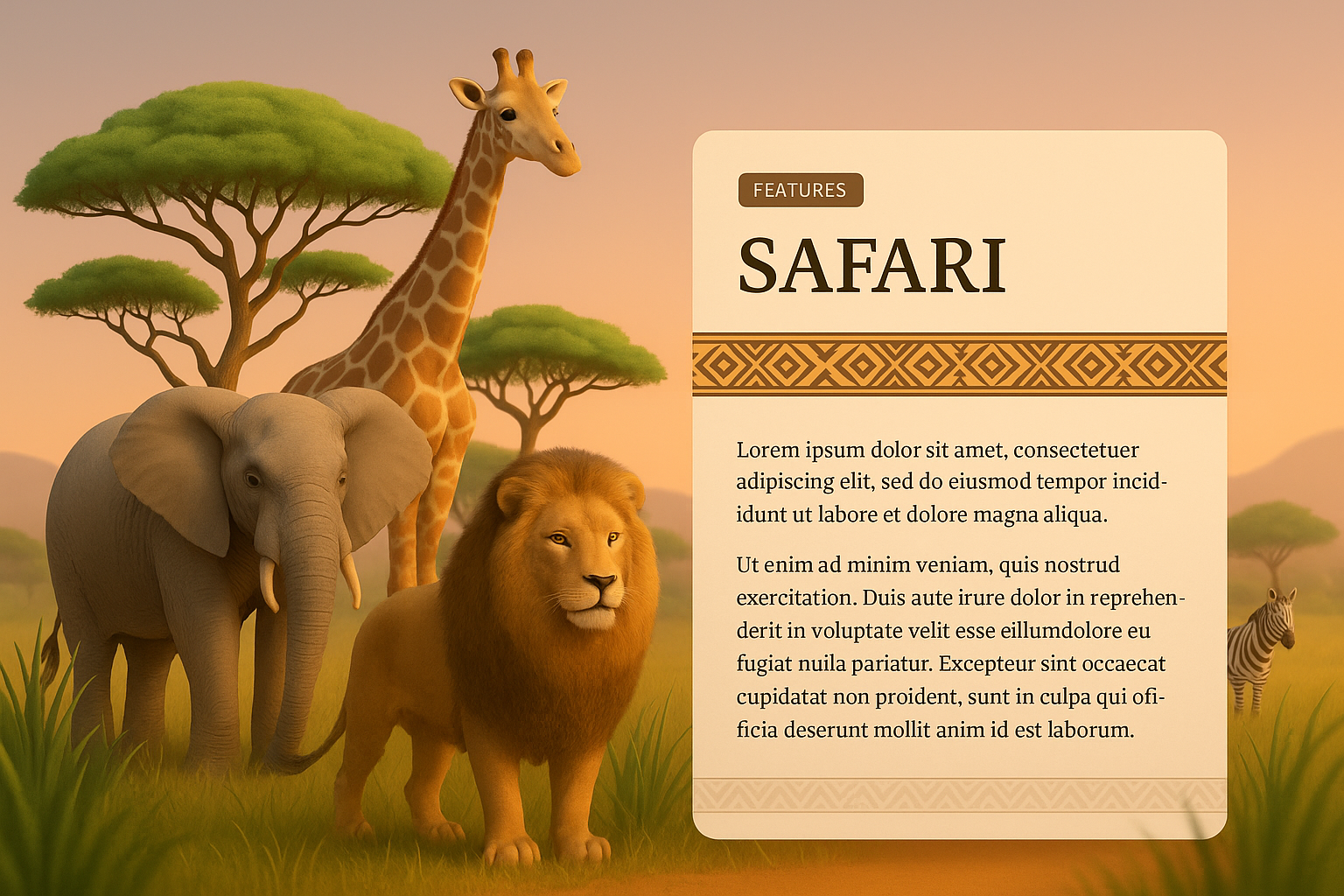 3D Safari Illustration Featuring Wildlife and Informative Block