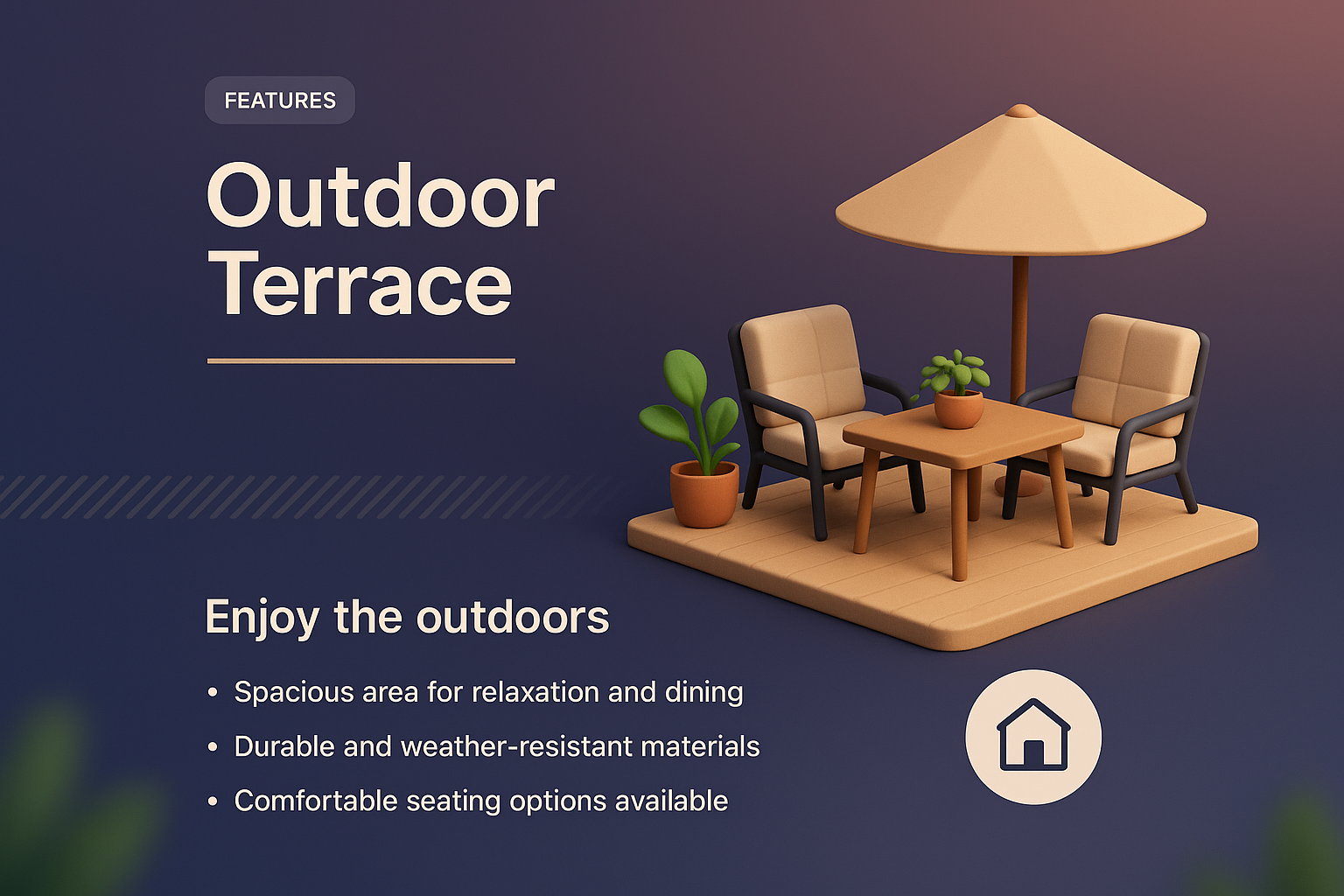 Stylish 3D Outdoor Terrace Illustration with Features Overview
