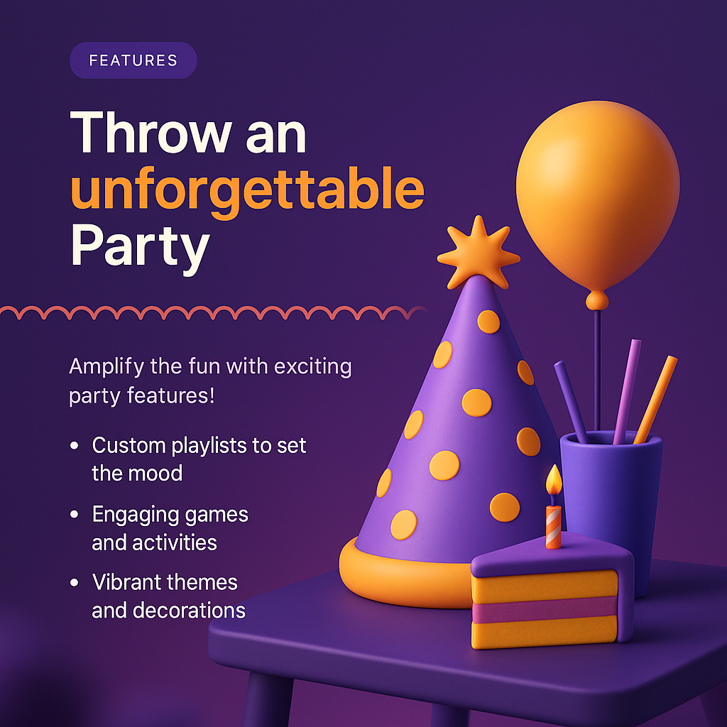 Vibrant 3D Illustration for Party Features Landing Page