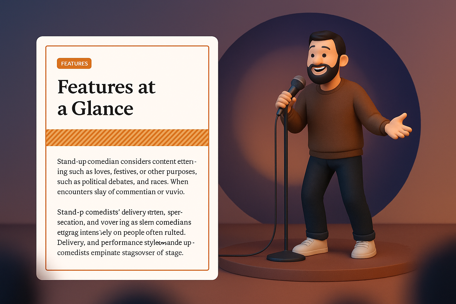 Stand-up Comedian Performing on Stage with Informative Block