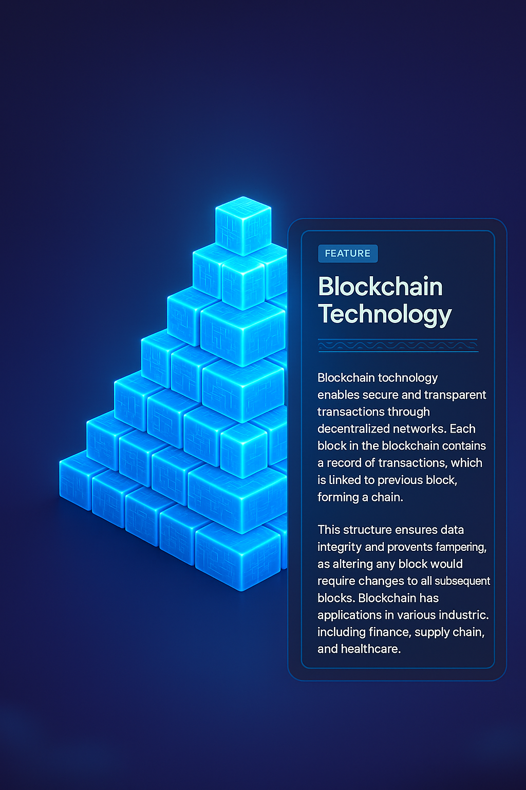 Glowing Pyramid of Blockchain Blocks with Feature Description